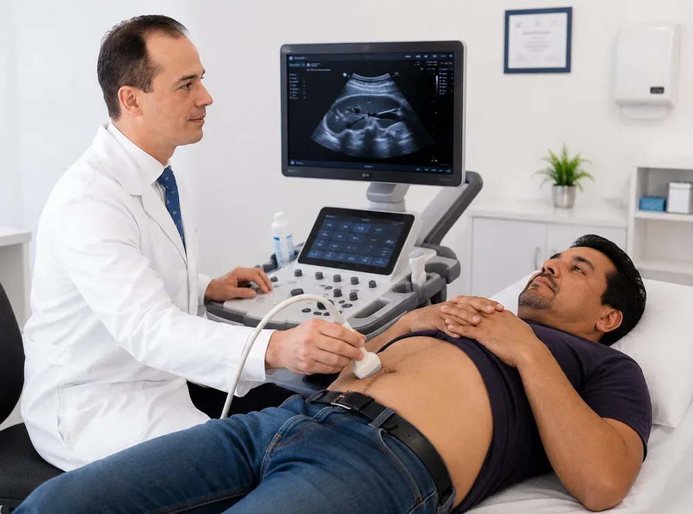 Dr. Marcos del Rosario realizando un ultrasonido urológico a un paciente en su consultorio de Veracruz